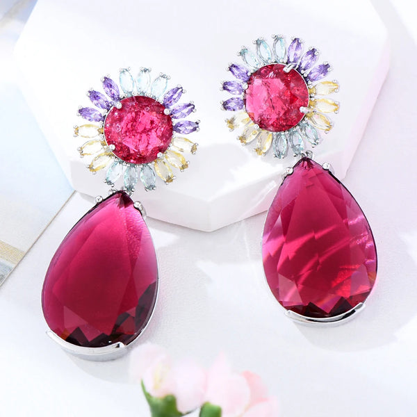 New Design Big Red Earrings Jewelry Luxury Zircon Flower Elegant Women Shiny Wedding Party Earrings