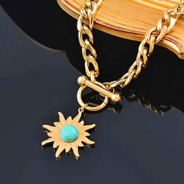 Stainless Steel Blue Stone Sunflower Pendant Necklace For Women