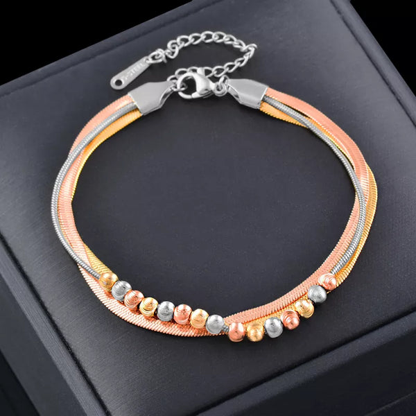 Stainless Steel 3 Layers Bracelet With Carved Pattern Metal Beads Hand Snake Chain Women