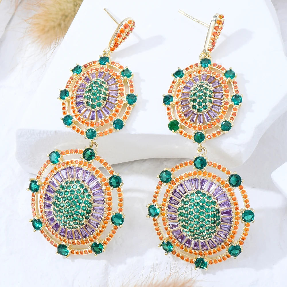 Green Pink Flower Pendant Earring for Women