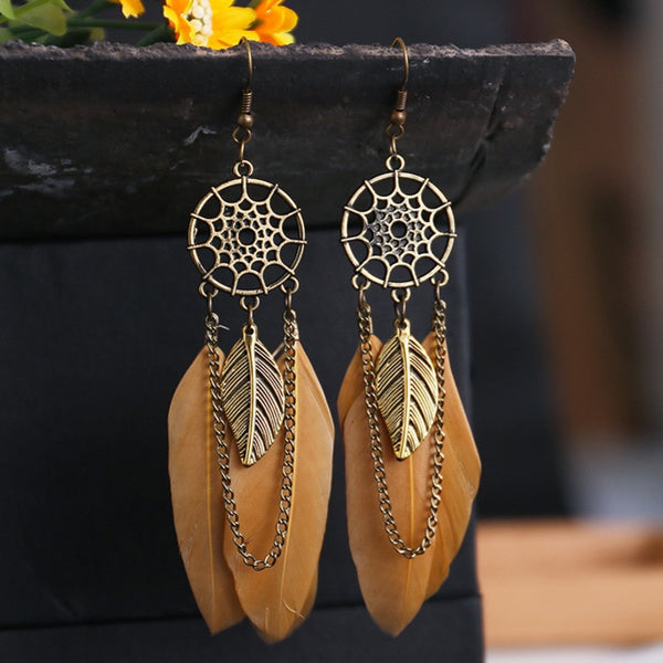 Bohemian Feather Earrings  Women Vintage Dream Catcher Leaf Chian Tassel Earrings