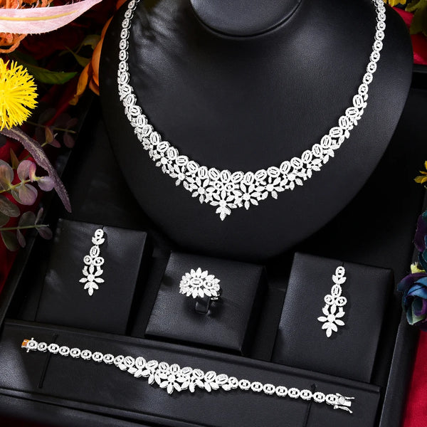 Luxury New Necklace Earrings Bracelet Rings Jewelry Sets 4PCS For Women