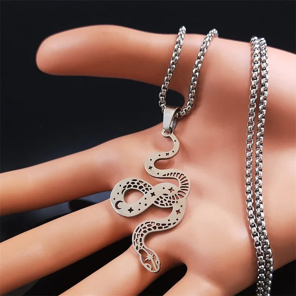 Witchcraft Snake Stainless Steel Necklace Women/Men Silver Color Witch Star Moon Necklace