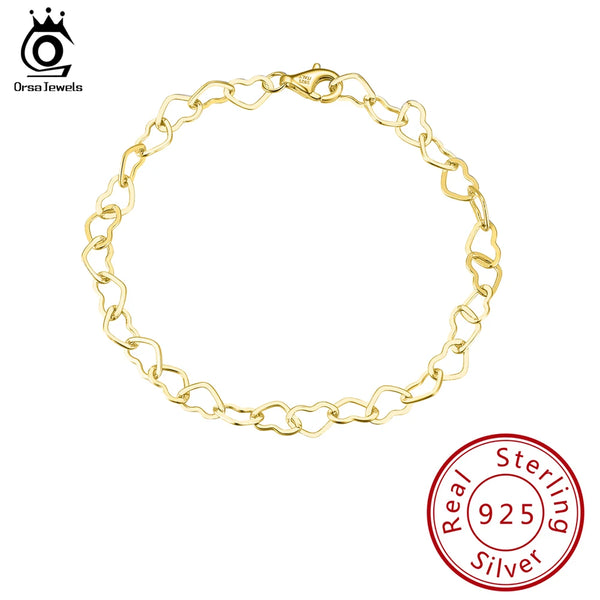 Gold Plated 925 Sterling Silver Elegant Heart Link Chain Bracelet For Women