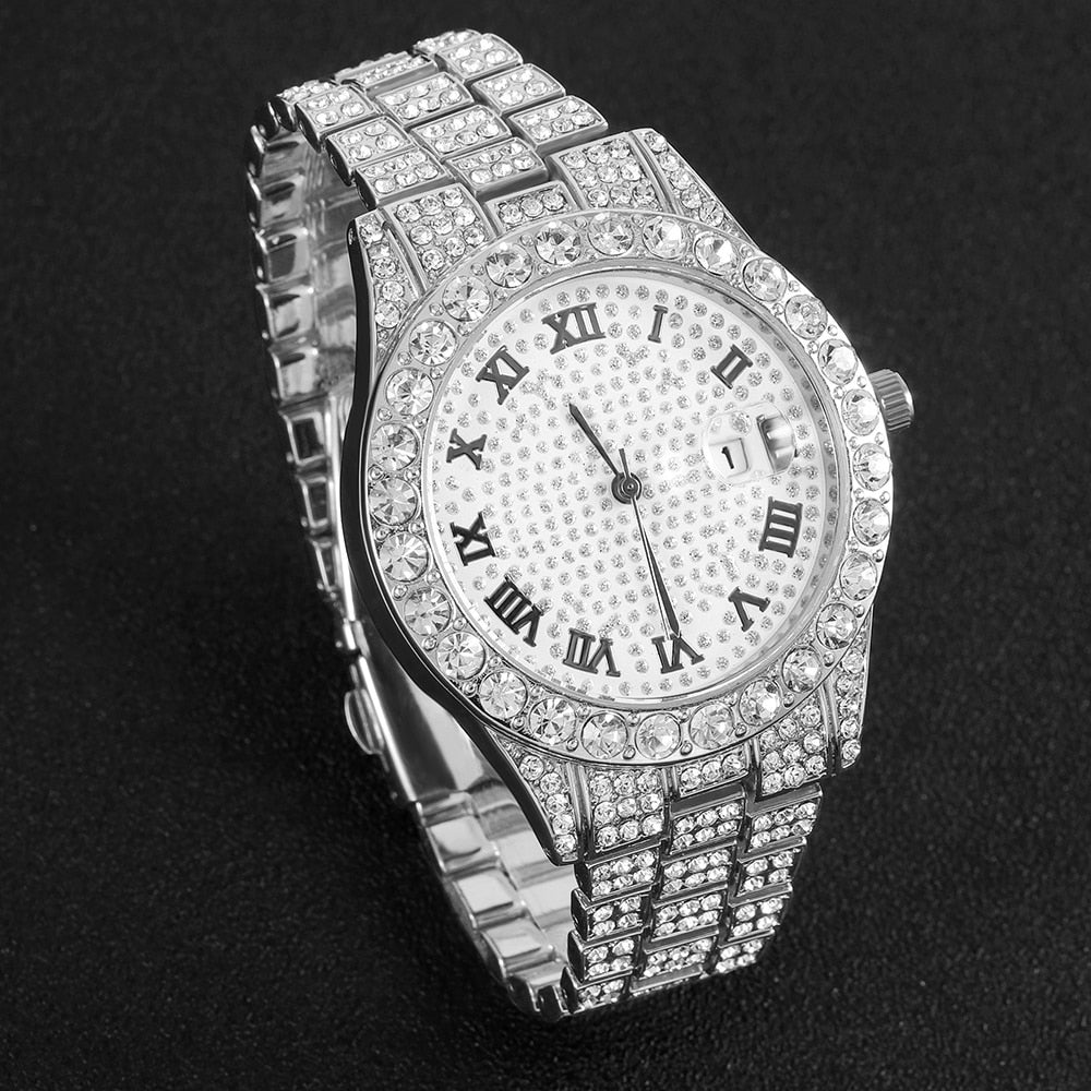 Iced Out Bracelet + Watches for Men Full Iced Out Watch Quartz Wristwa ...