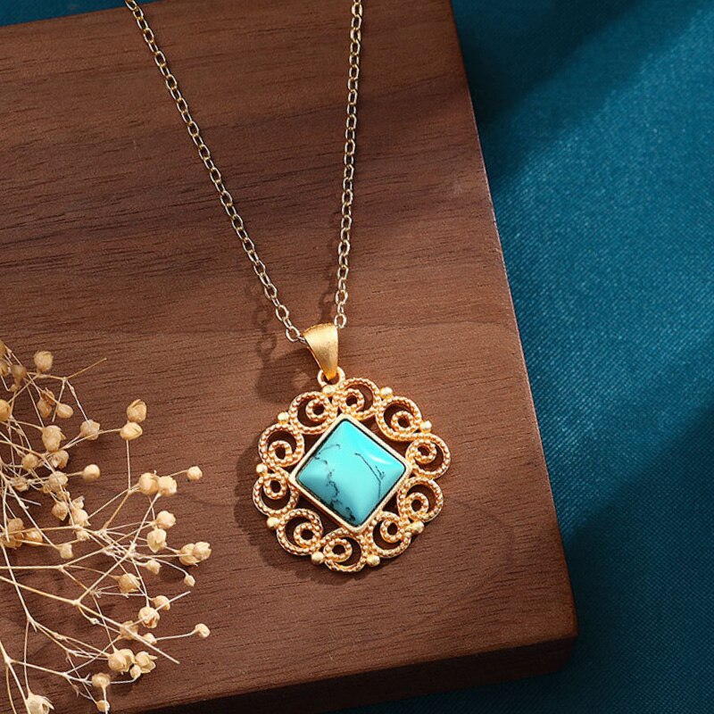 New in Chinese-inspired cutout design Ancient gold craft inlay turquoise necklace pendant