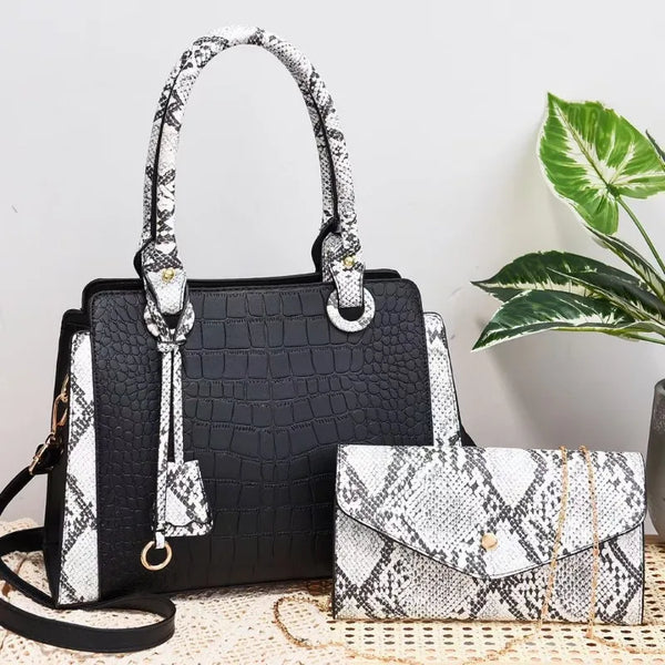 Trendy Fashion Serpentine Tote Handbag Patchwork Crocodile Pattern 2 Piece Set Shoulder Bag