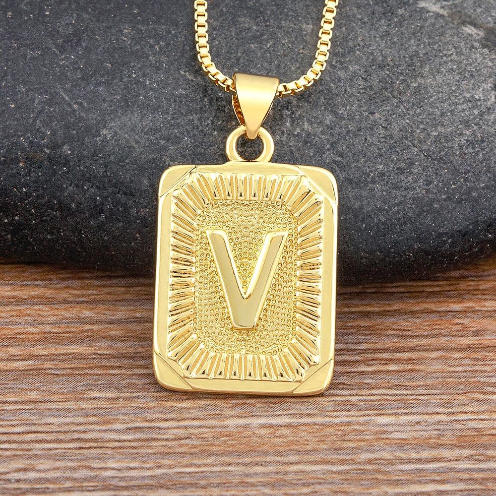 Light Luxury Design Geometric Inlay A-Z Letter Pendant Gold Plated Necklace