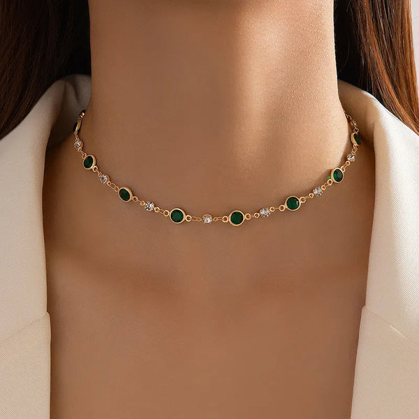 Vintage Elegant Green Zircon Rhinestone Choker Necklaces for Women