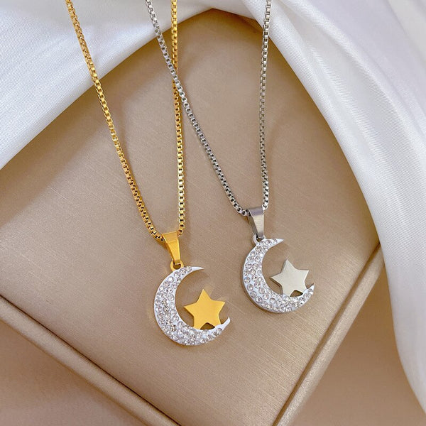 Titanium Steel No Rust Inlay Cubic Zirconia Stone Moon Star Pendant Necklace for Women