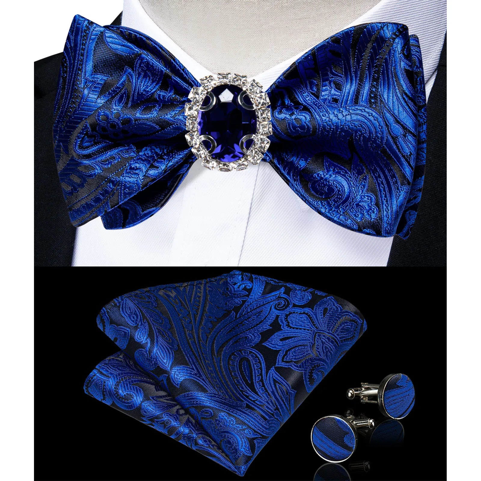 Classic Royal Blue Paisley Bowtie Handkerchief Cufflinks Ring Brooch Set for Man