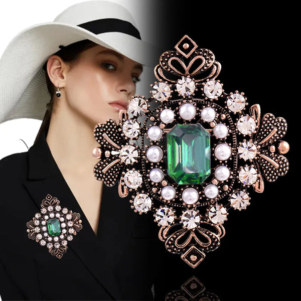 Retro Luxurious Blue Green Square Cubic Zircon Pearl Brooch Antique Gold Color Women