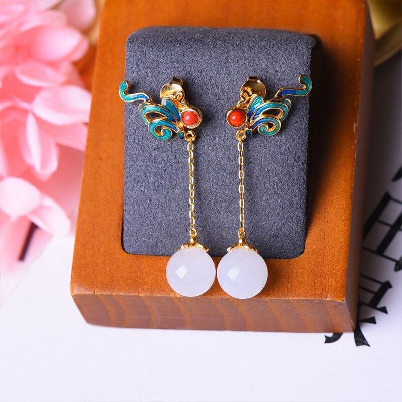 Natural Hetian  jade enamel porcelain Earrings