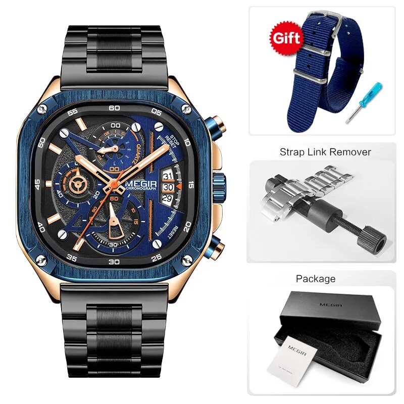 Black Quartz Watch Men Waterproof Square Dial Wristwatch