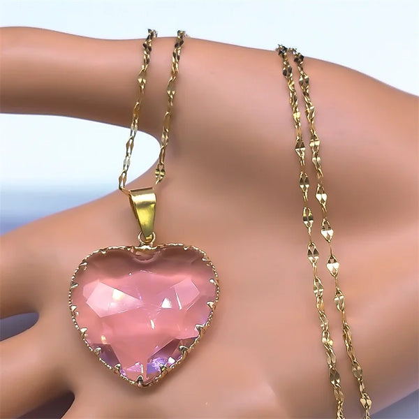 Y2k Harajuku Pink Heart Necklace for Women Girl Stainless Steel Trendy Chain Necklaces