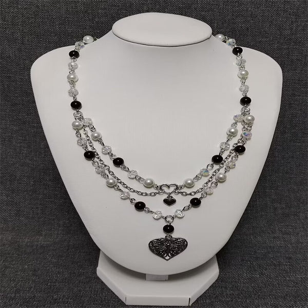 New Trendy Gothic Black Pearls Butterfly Heart Fairycore Choker Necklace