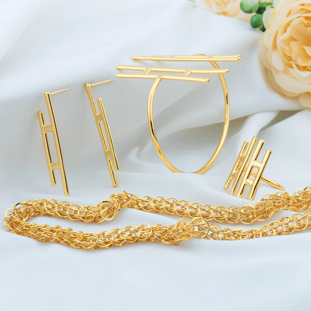 Jewelry Sets For Women 45CM Gold Color Necklace Cuff Bangles H Letter Earring Adjustable Ring