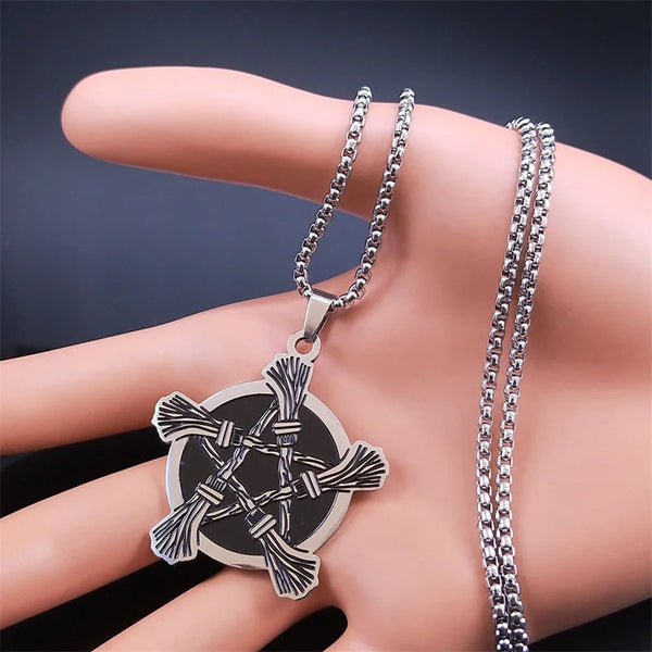 Witchcraft Pentagram Witch Broom Necklace for Women/Men Stainless Steel Wicca Star Necklaces