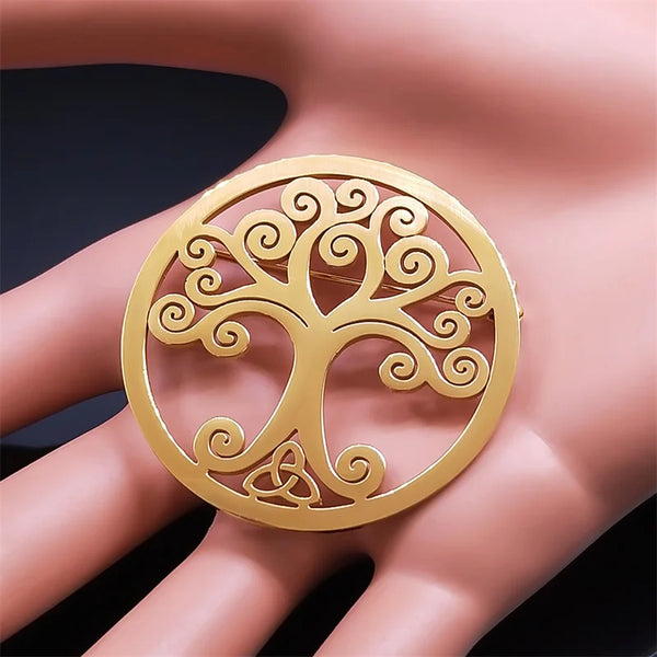 Tree of Life Brooch Pin for Men/Women Stainless Steel Triskelion Celtic Knot Amulet Brooches