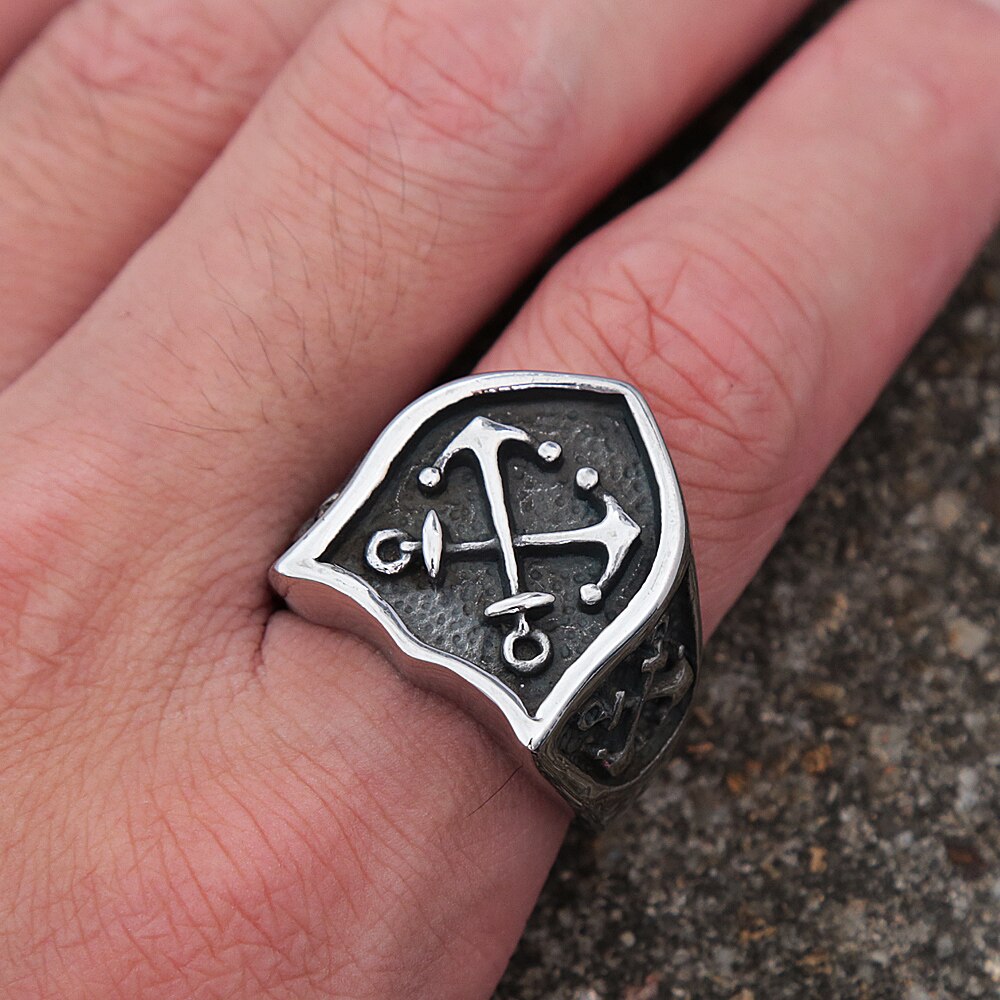 Vintage Men Viking Anchor Ring Unique Pirate Shield Anchor Biker Ring