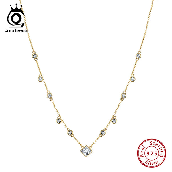 925 Sterling Silver Necklace with Geometric 5A Clear CZ Chain Classic Colar for Women