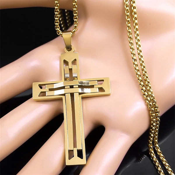 Hip Hop Jesus Cross Big Pendant Necklace for Men Stainless Steel Christian Crucifix Chain