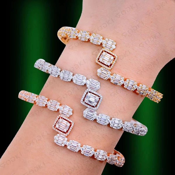 Trendy Luxury Open Bangle Ring Set For Women Full Cubic Zircon Pave Party Wedding Arabic Dubai Jewelry Set