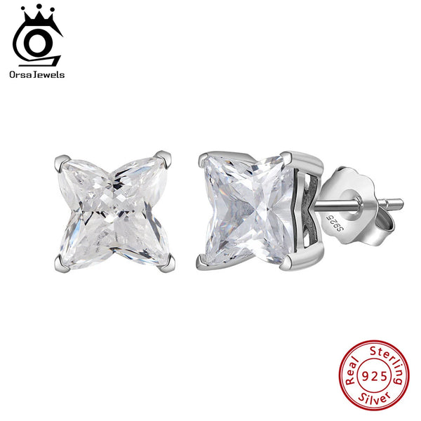 Genuine 925 Sterling Silver 5A Clear CZ Stud Earrings for Women