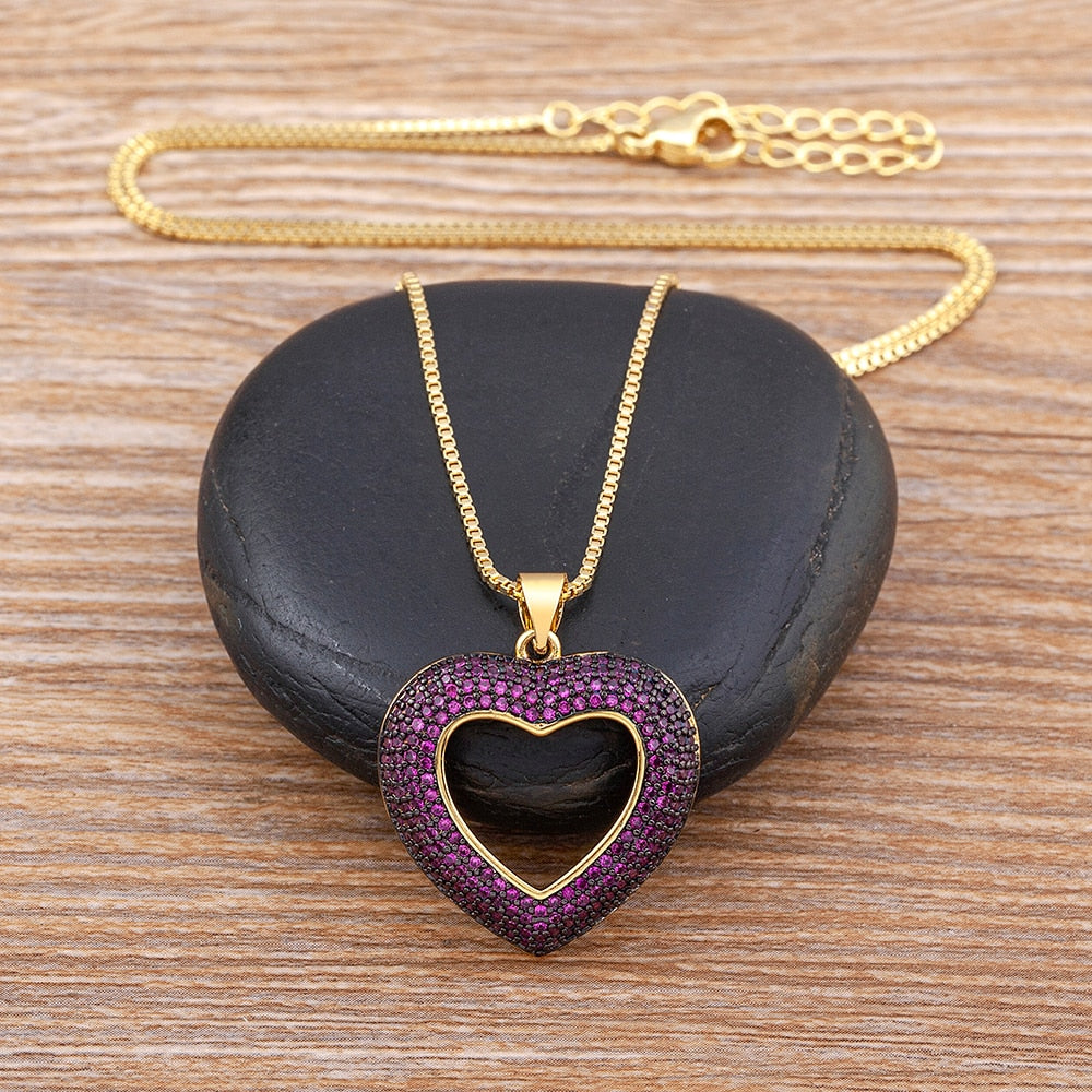 Top Quality 4 Colors Heart-Shaped Hollow Crystal Zircon Pendant Gold Chain Necklace Women