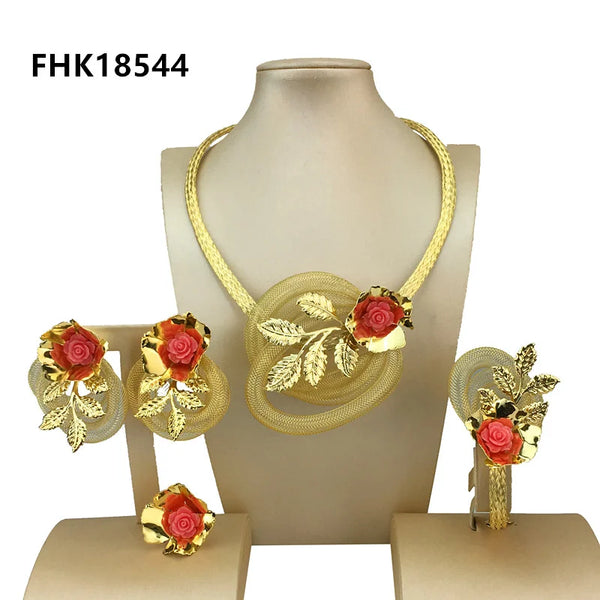 Newest Big Flower Necklace Bold Nigeria Jewelry Sets For Women