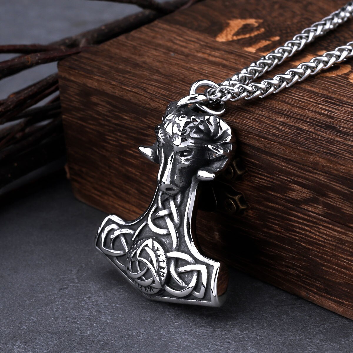 Stainless Steel Viking Mjolnir Thor's hammer Ram Necklace for Men