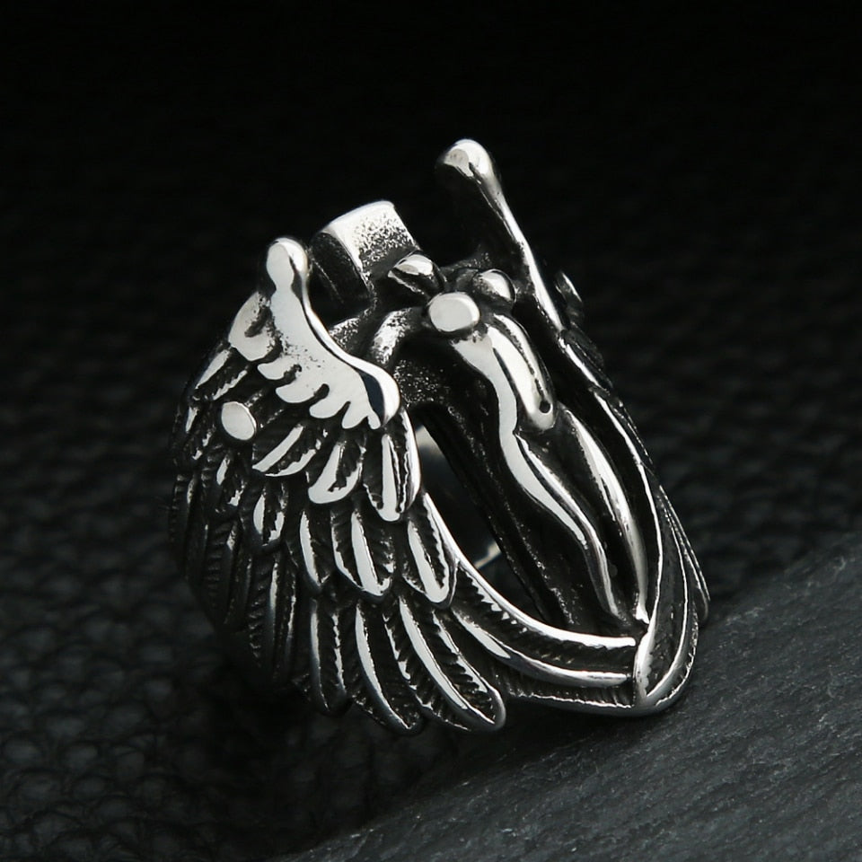 Punk Vintage Stainless Steel Angel Wings Ring For Men Women