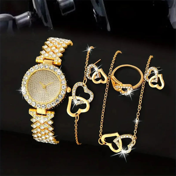 Women Dainty Quartz Watch With Heart Jewelry Set For Women