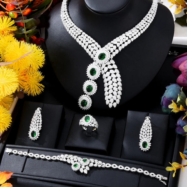 Luxury Boutique African Indian Bride Zircon Necklace Earrings Bangle Ring 4PCS Banquet Trend Jewelry Set