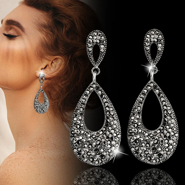 Luxury Vintage Black Cubic Zirconia Long Earrings For Women