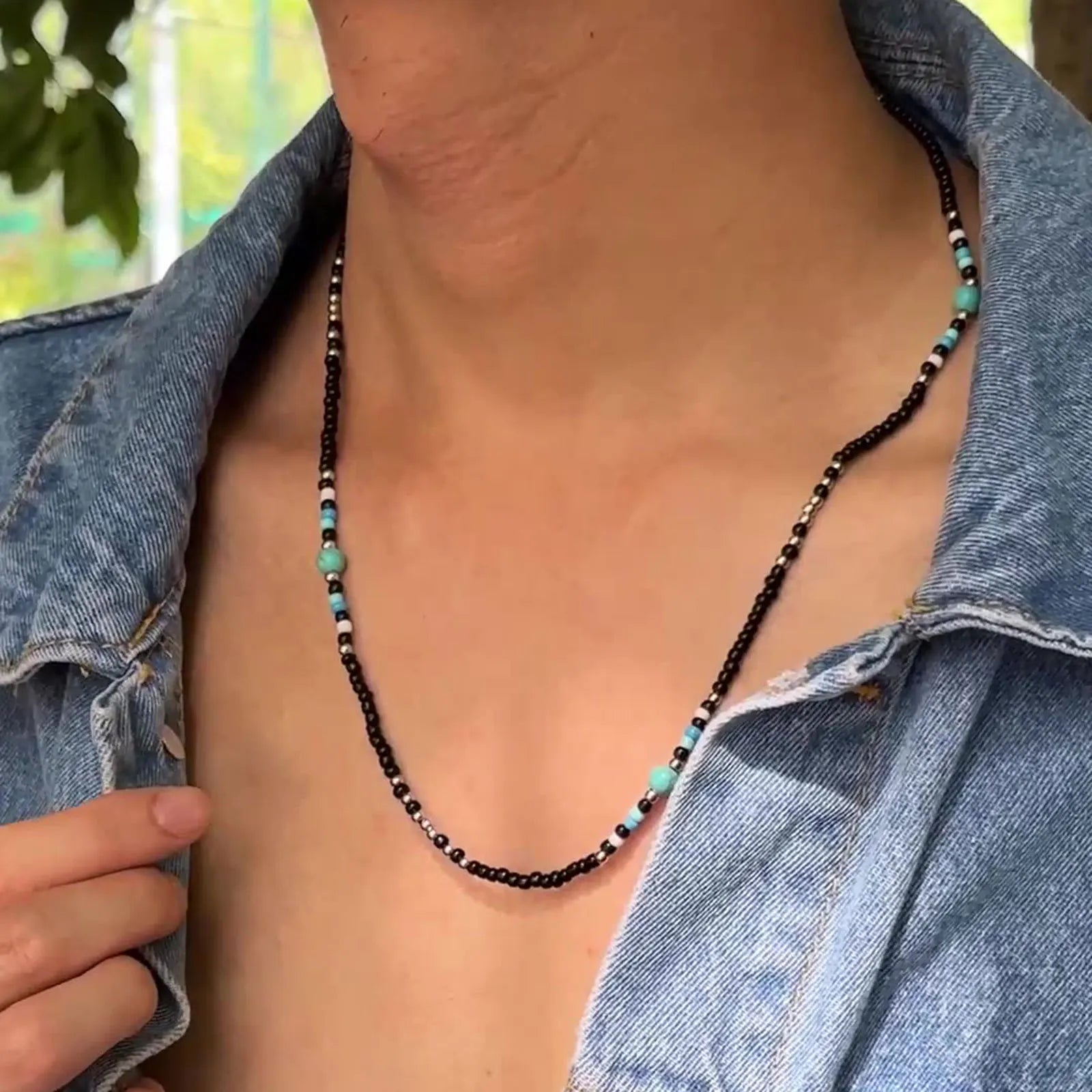 Synthetic Turquoise Necklaces for Men Boys,Mini Back Bead Necklace