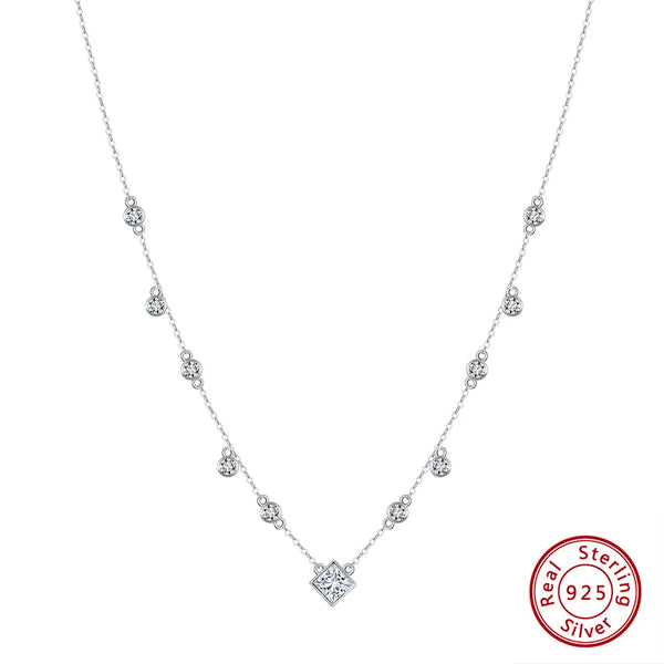 925 Sterling Silver Necklace with Geometric 5A Clear CZ Chain Classic Colar for Women