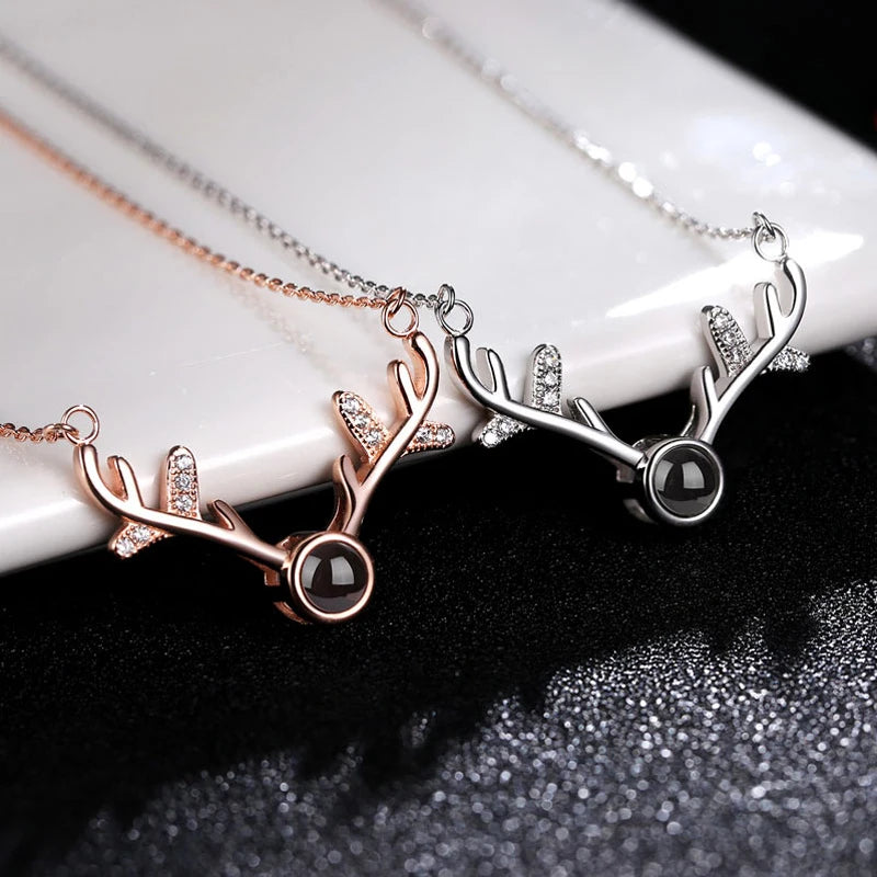 Antlers Projection Necklace With Exquisite Rose Gift Box100 Languages I Love You Pendant