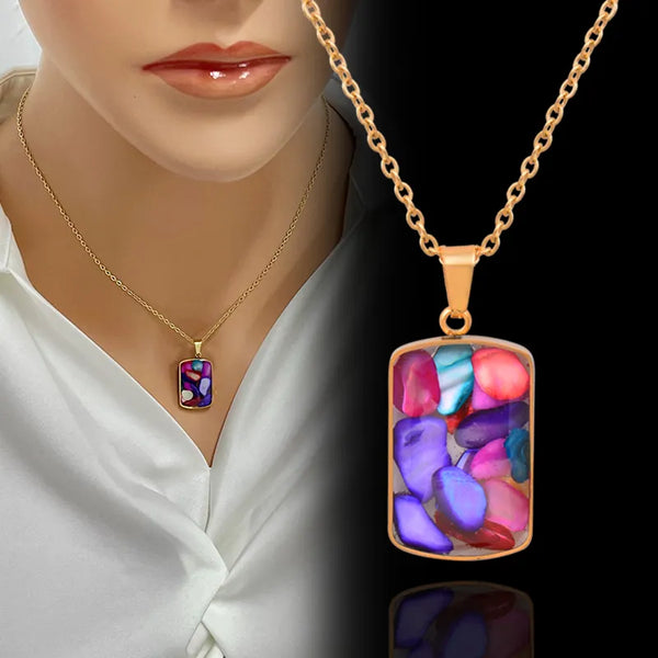 Stainless Steel Colorful Natural Stones Inside Square Pendant Necklace For Women