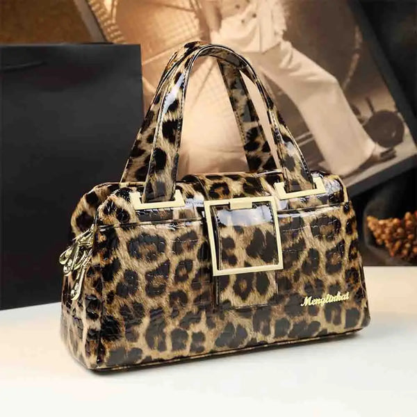 Luxury Patent Leather Leopard Pattern Multiple Zipper Compartments Boston Bags