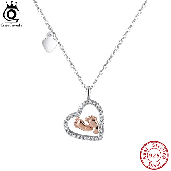 925 Sterling Silver Love Heart Pendants Necklace Fashion Baby Feet Pendant for Women