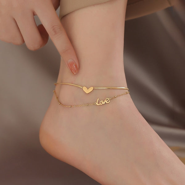 Gold Color Foot Jewelry Vintage Trendy Double Layer Heart Letter Pendant Anklet For Women