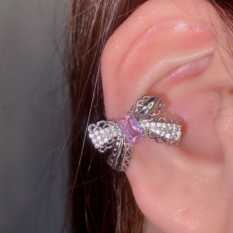 Korean Delicate Pink Crystal Bowknot Clip Earrings For Women