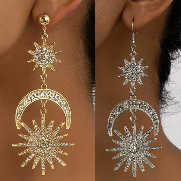 2 Pairs Set Sun Moon Start Drop Earrings Women Gold Color Statement Earrings