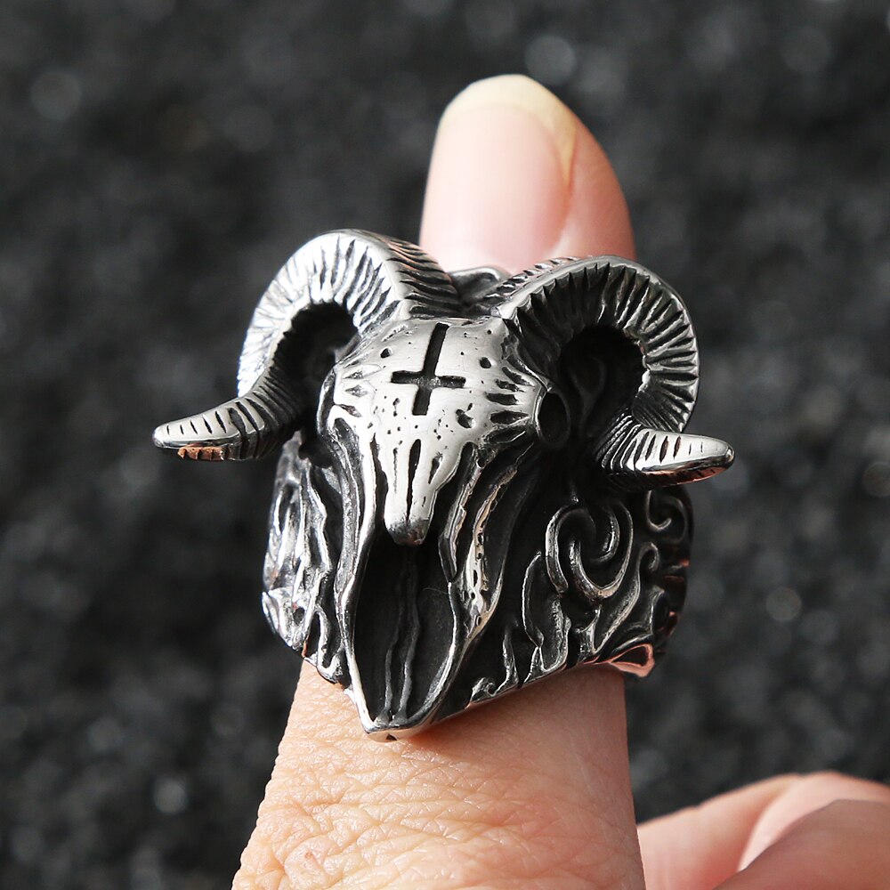 Gothic Lucifer Vintage Satan Sheep Rings For Men Punk Hip Hop Stainless Steel Skull Men's Ring