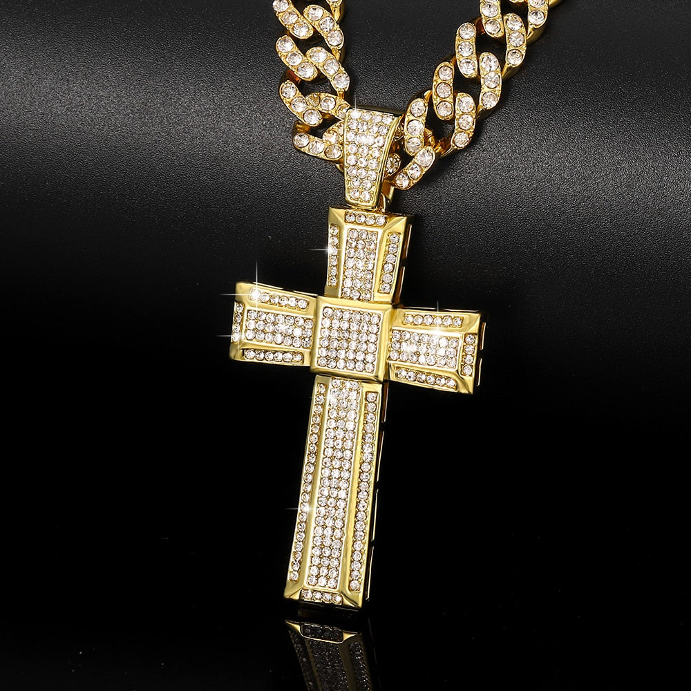 Iced Out Bling Cross Pendant Necklace Men Hip Hop 11Mm Cuban Chain Necklace