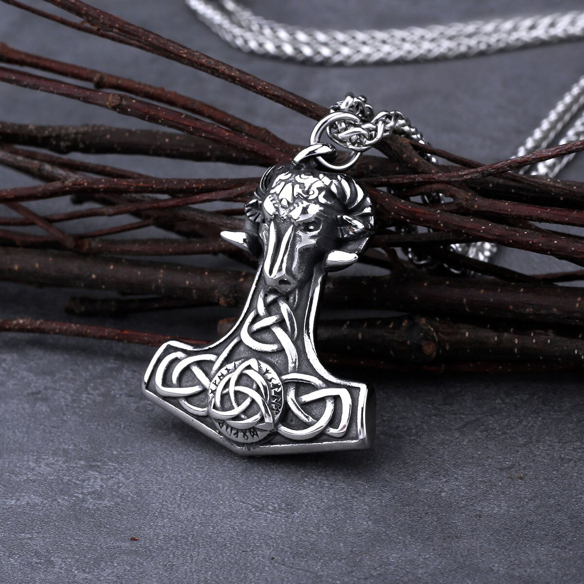 Stainless Steel Viking Mjolnir Thor's hammer Ram Necklace for Men