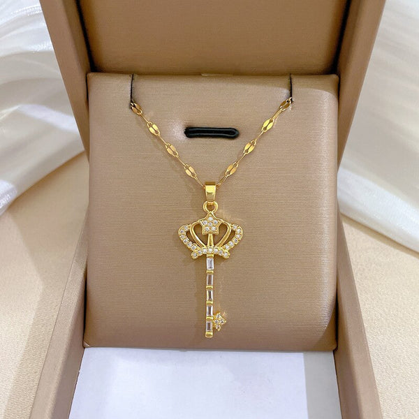 Gold Plated Korean FashionCrown key Pendant  Necklaces For Women