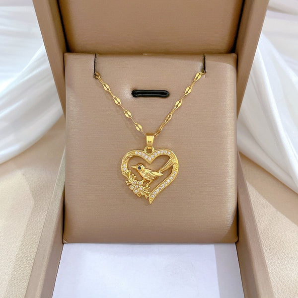 Gold Color Hollow Heart Birdie Animal Pendant Necklace Temperament For Women