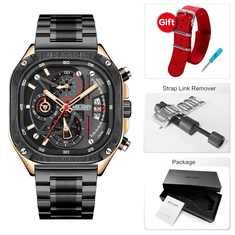 Black Quartz Watch Men Waterproof Square Dial Wristwatch